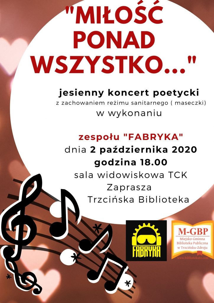 Plakat - Jesienny koncert poetycki pt. "Miłość ponad wszystko". 2 października 2020 r. godz. 18:00 sala TCK.