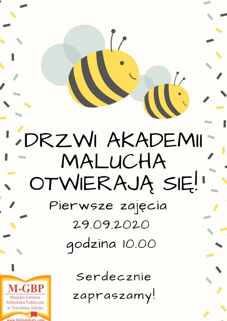 Plakat - z informacją o pierwszych zajęciach "Akademii Malucha", które odbędą się 29 września 2020 r. o godz. 10:00.