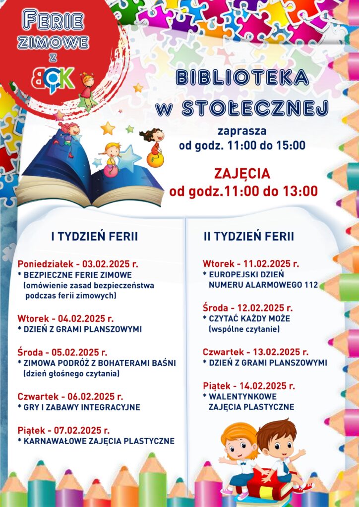 Plakat - Ferie Zimowe 2025 w Filii Bibliotecznej w Stołecznej