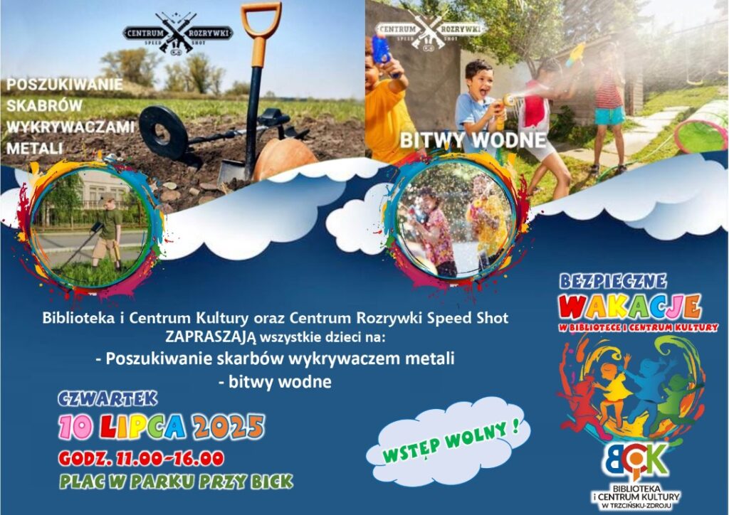 Plakat - Zaproszenie na poszukiwanie skarbów z wykrywaczem metali i bitwy wodne - 10 lipca 2025