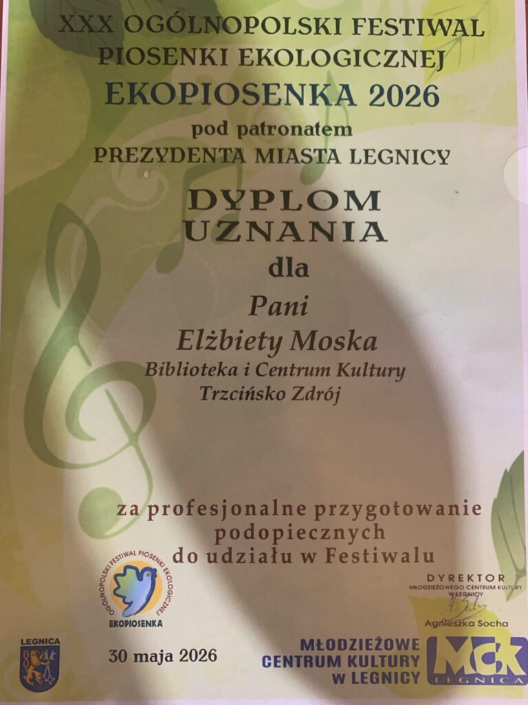 Dyplom dla E. Moski za profesjonalne przygotowanie podopiecznych do udziału w festiwalu